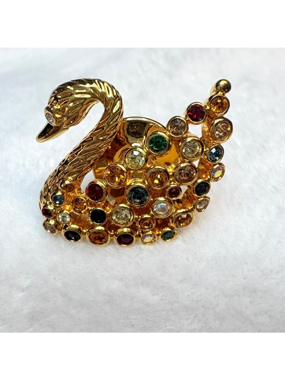 Vintage Swarovski Swan Brooch – Multicolor Crystal Gold‑Tone Pin